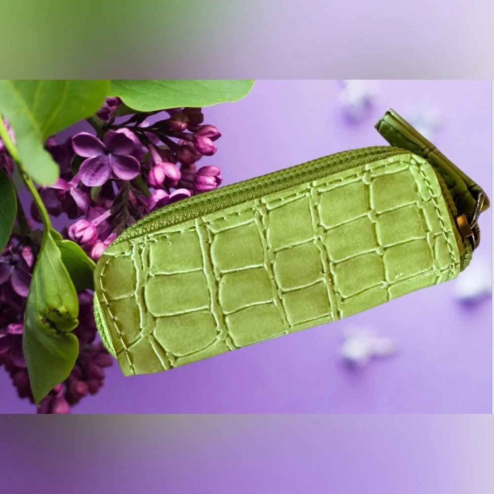 Pretty Lime Green Faux Croc Embossed Set- Wristlet, Mirror, and Lipstick Case